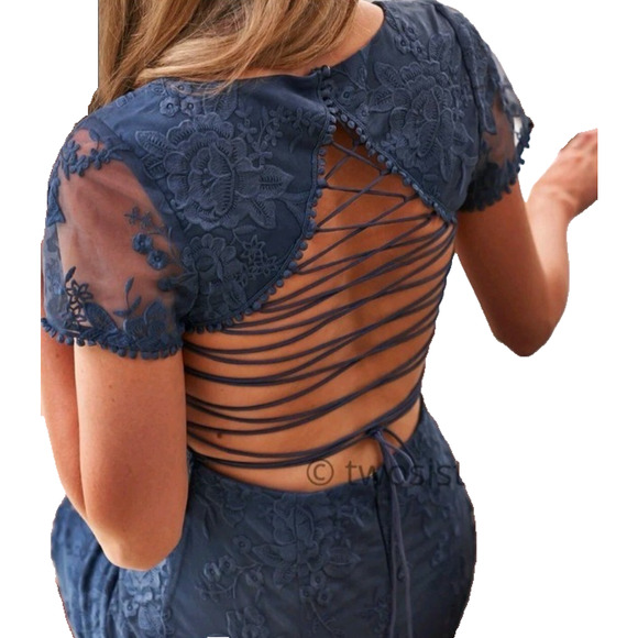 Two Sisters Shay Navy Lace Cutout Open Back Dainty Feminine Mini Dress 12 - Picture 5 of 15